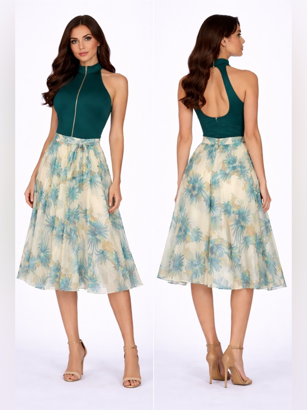 Beulah Cream Midi Skirt with Teal Floral Print (set )blouse and skirt together.